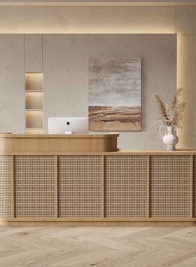 侘寂风收银台民宿藤编吧台农庄日韩餐饮接待台养生馆足浴小型柜台