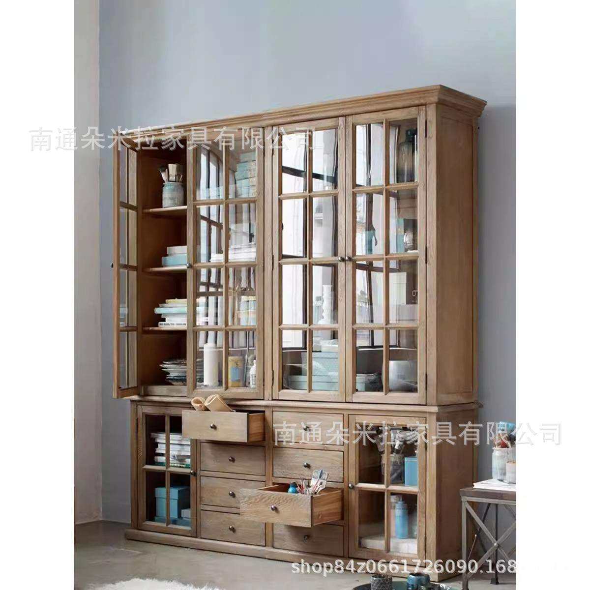 美式仿古原木书柜酒柜玻璃门法式乡村复古橡木组合展示柜书架别墅