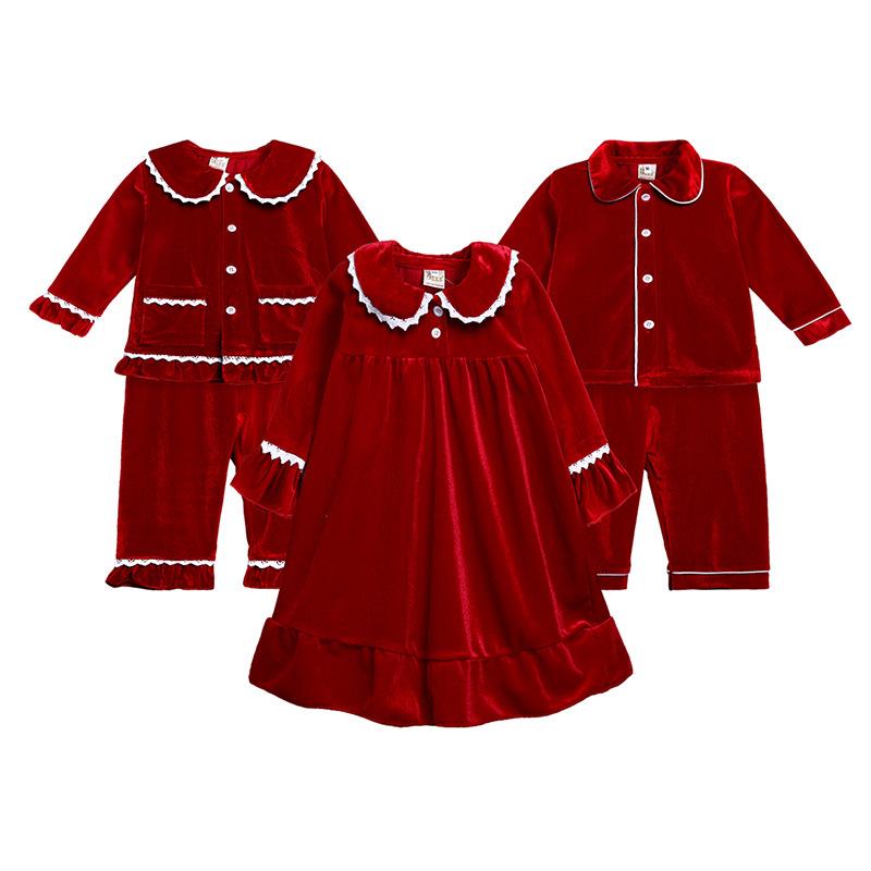 Kids Tales儿童新年套装秋冬季男女童金丝绒睡衣两件套女童连衣裙