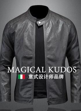 MAGICAL KUDOS毒液欧美简约立领皮衣男士机车帅气秋季修身皮夹克