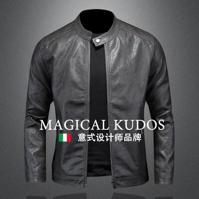 MAGICAL KUDOS毒液欧美简约立领皮衣男士机车帅气秋季修身皮夹克