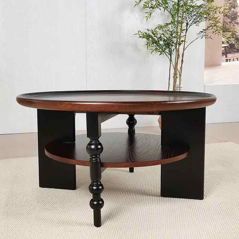 客厅法式复古实木圆形茶几边几小户型家用设计师中古风茶台矮桌子