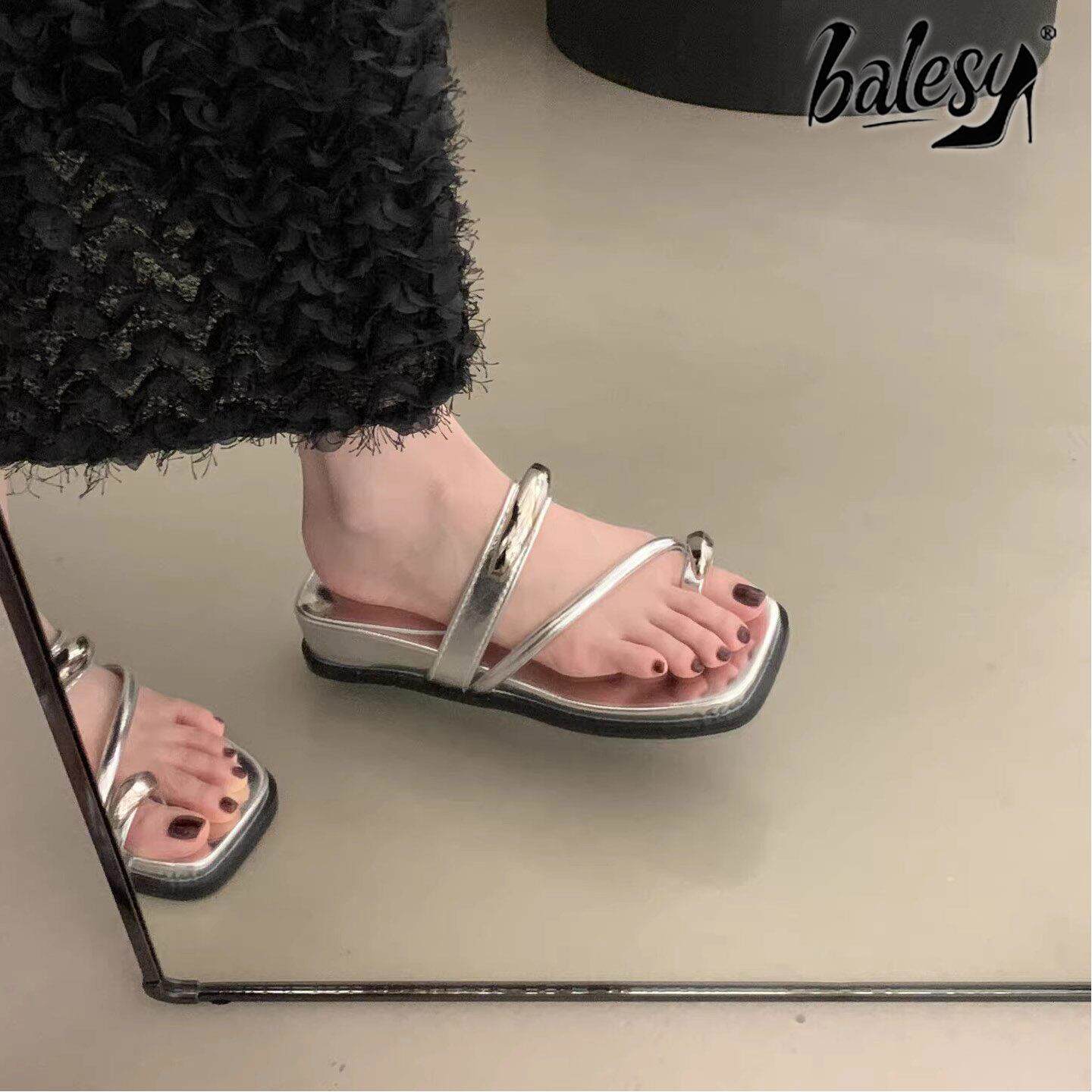 英国真皮厚底一字拖女外穿2026夏新款银色坡跟时尚休闲罗马凉拖鞋