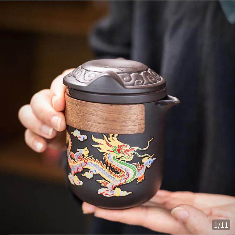 南屏紫砂壶专卖店龙凤呈祥遇热水变色一体分茶器旅行功夫茶具套组