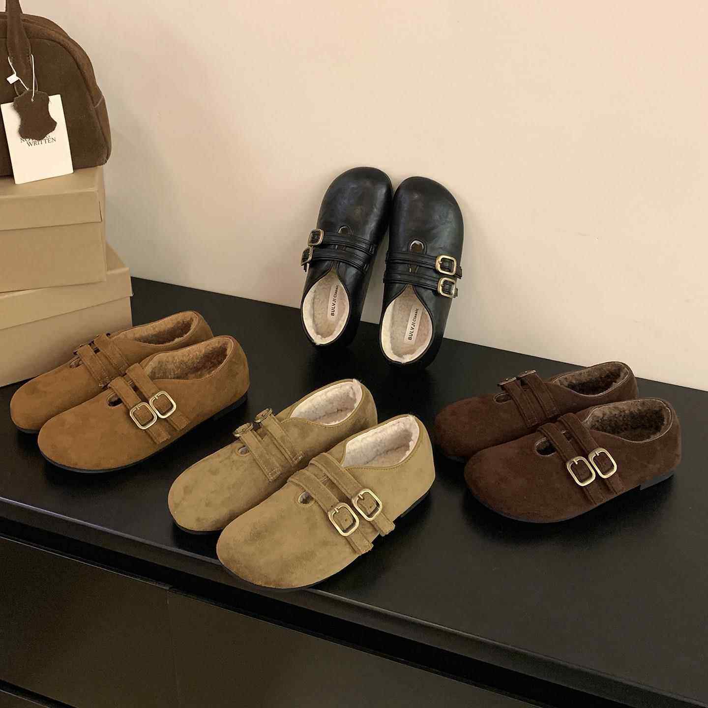 复古软底双皮带扣加绒勃肯鞋女秋冬2025新款一脚蹬乐福鞋玛丽珍鞋