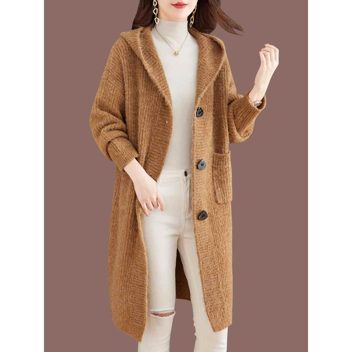 连帽粗线毛衣开衫女秋冬装外搭中长款宽松加厚羊毛针织外套