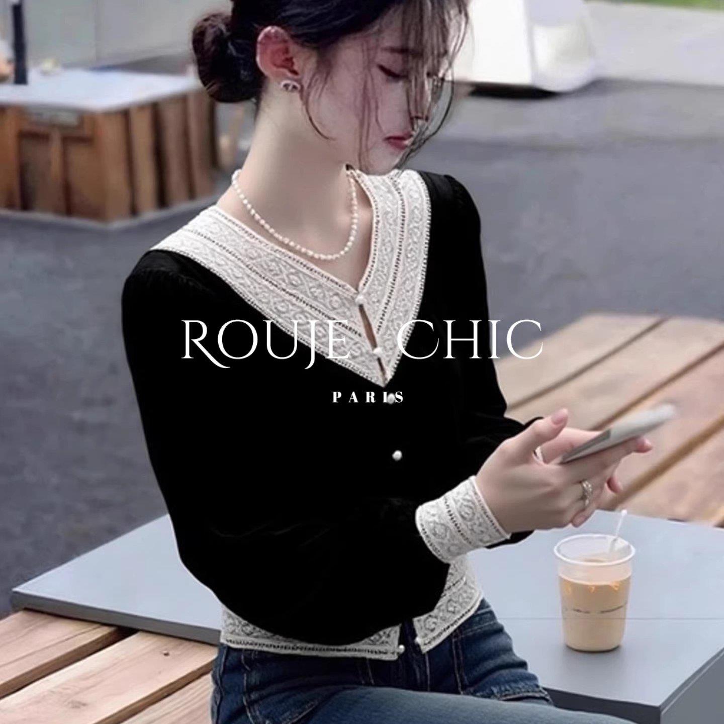 法国rouje chic黑色拼接V领长袖丝绒衬衫女春季洋气独特百搭上衣