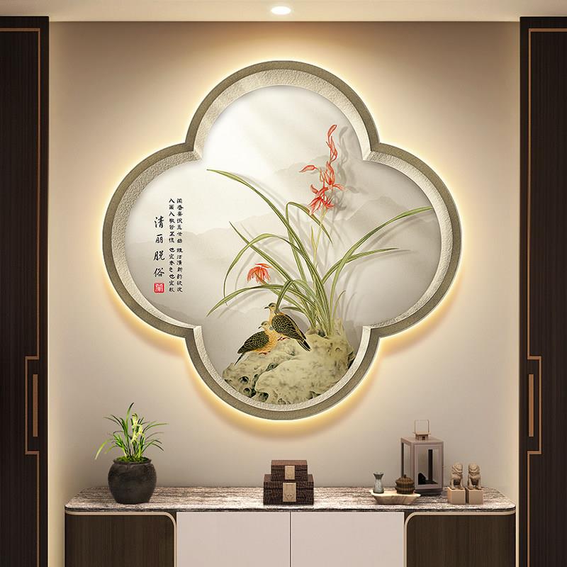 兰花鸟图入户玄关装饰画新中式梅兰竹菊茶室挂画假窗户走廊壁画灯