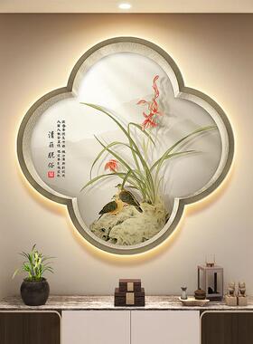 兰花鸟图入户玄关装饰画新中式梅兰竹菊茶室挂画假窗户走廊壁画灯