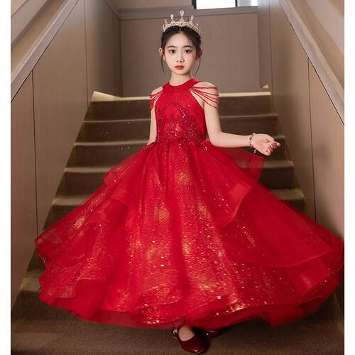 白色主持人儿童礼服2025新款高端轻奢花童钢琴演出服走秀公主裙女