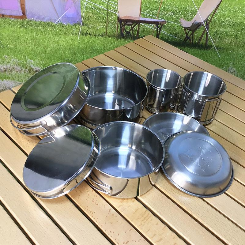 304不锈钢户外具套锅登山便折炊叠手柄露营捷外餐具户杯碗八件套8