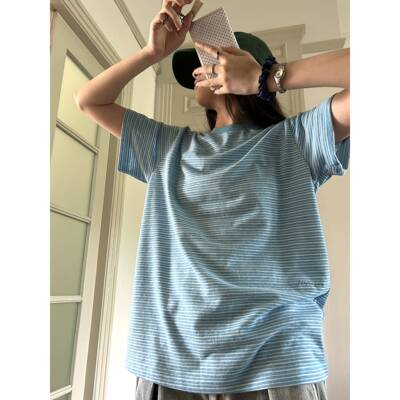 POXFFEE/蓝色条纹手绘刺绣短袖T恤女夏2026新款设计感打底衫上衣