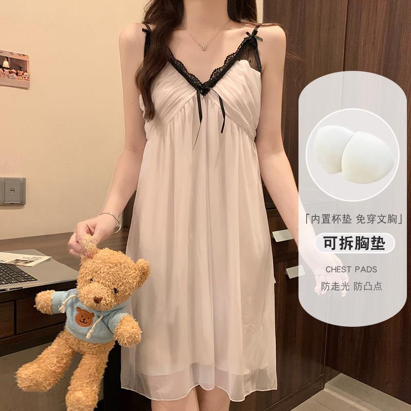 吊带睡裙女款夏季2026新款夏天莫代尔孕妇网纱蕾丝紫色带胸垫睡衣