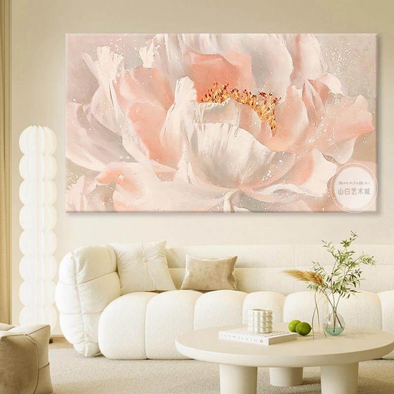 奶油风客厅牡丹花开富贵沙发背景墙壁装饰画玄关手绘油画横板挂画,家居饰品,现代装饰画,淘宝优惠券,粉丝福利购,淘宝优惠卷