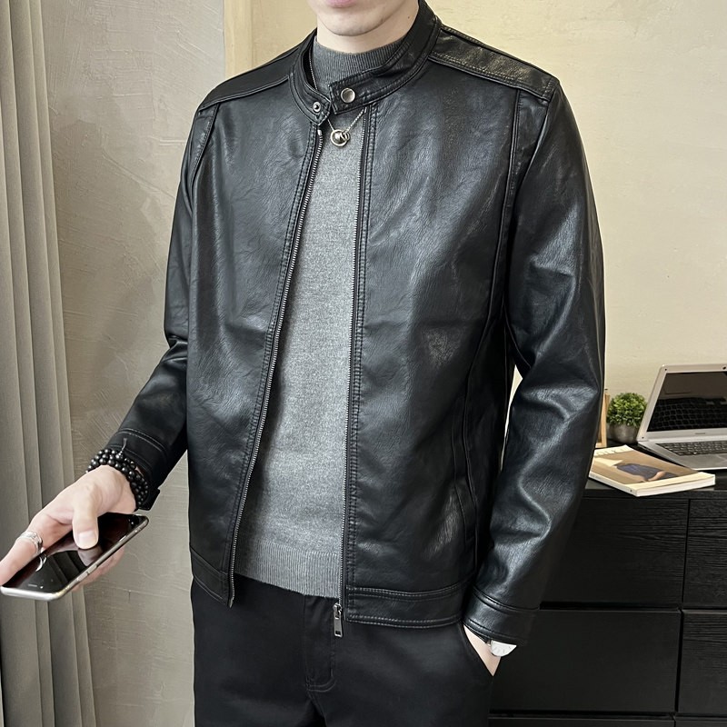 立领皮衣男士真皮春秋修身短款机车服皮夹克高端休闲帅气百搭外套