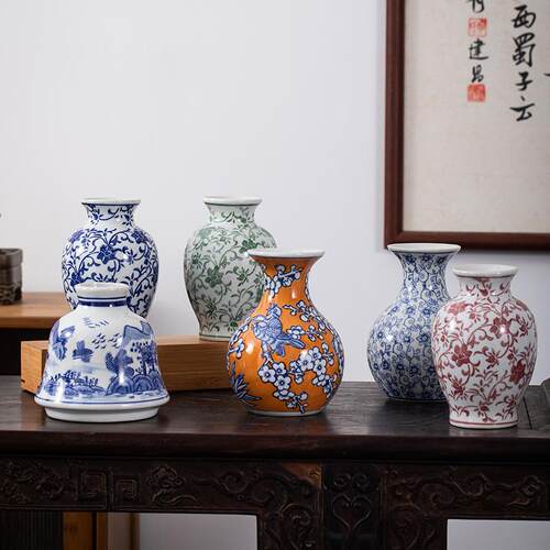 五彩陶瓷花瓶复古欧式LBF陶瓷花桌面陶瓷桌花器办公花陶瓶瓷装饰