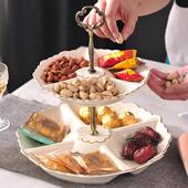 现货家用水果盘分格手提双层陶瓷果盘客厅茶几装 饰糖果盘摆件甜点