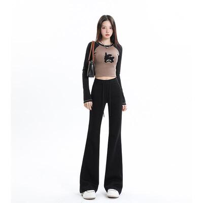 Grey sports bell bottoms women's season drawstring high