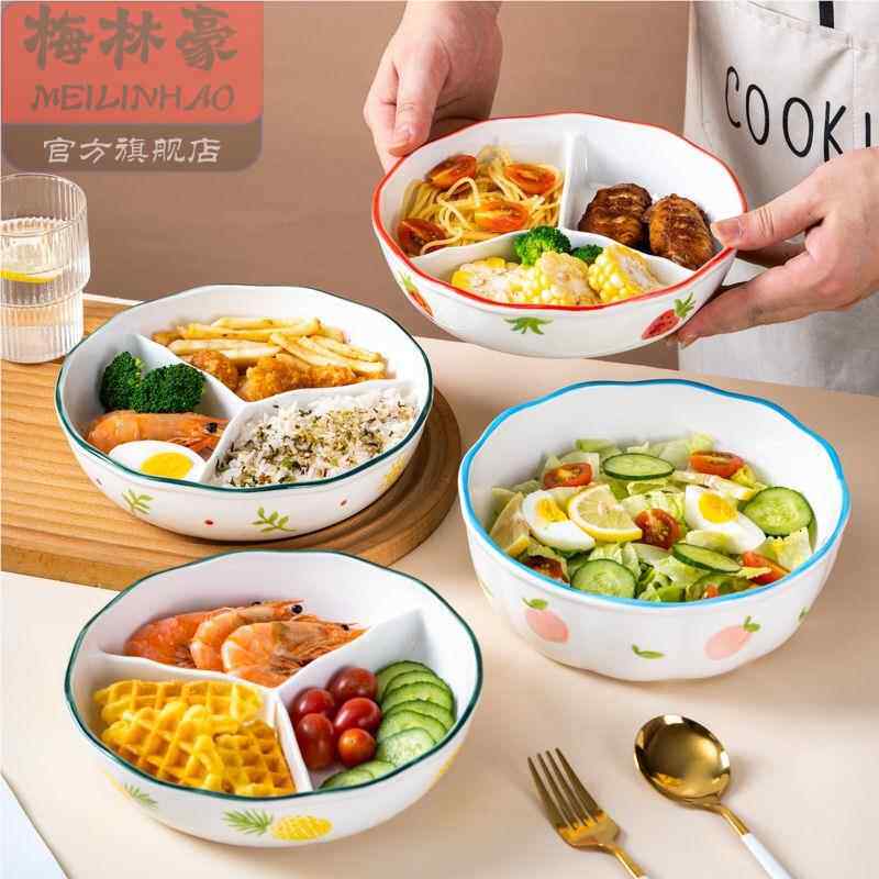 陶瓷四隔盘餐盘釉下彩分格蒸盘加深格盘盘子分隔餐盘带盖子四格餐