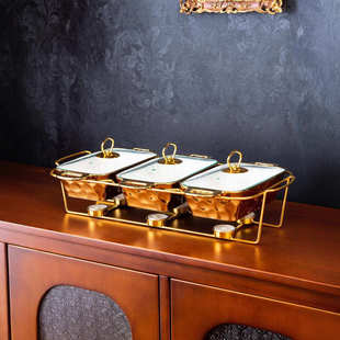 casserole三格长方形金色架子玻璃盖石头纹金色烤盘bake ware