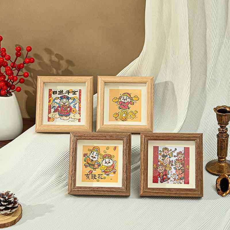 迷你小财神手工方形木质相框方4寸方5寸方6寸胡桃木小摆件