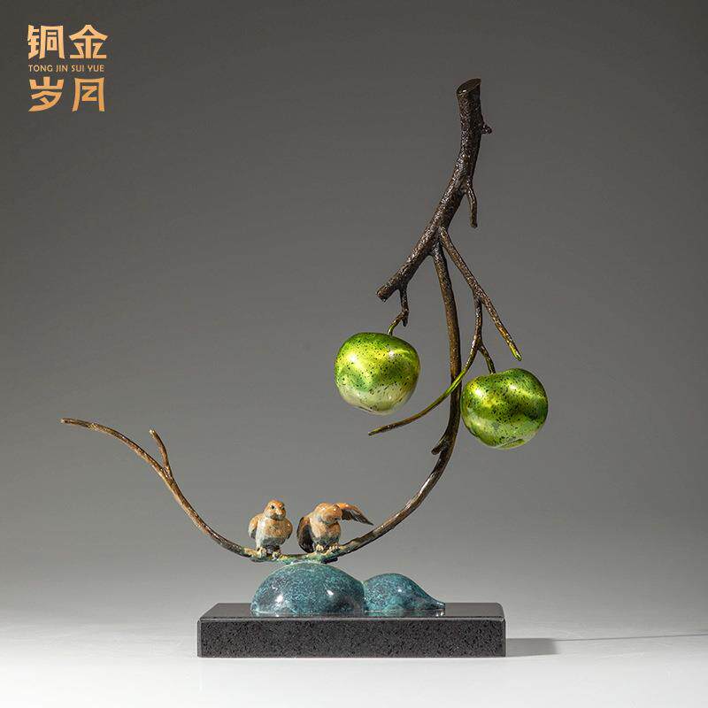 铜金岁月平安喜乐黄铜摆件苹果喜鹊小鸟铜工艺品博古架展柜黄铜器