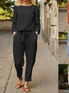 Linen suit women's two elastic waistband tie
