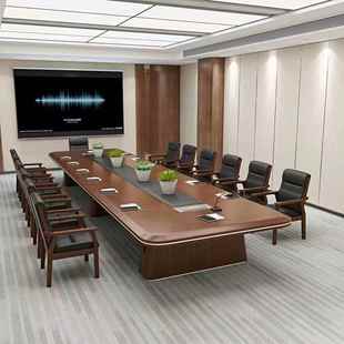 会议桌大型红胡桃色长方形油漆实木皮玻璃长桌开会桌办公家具组合