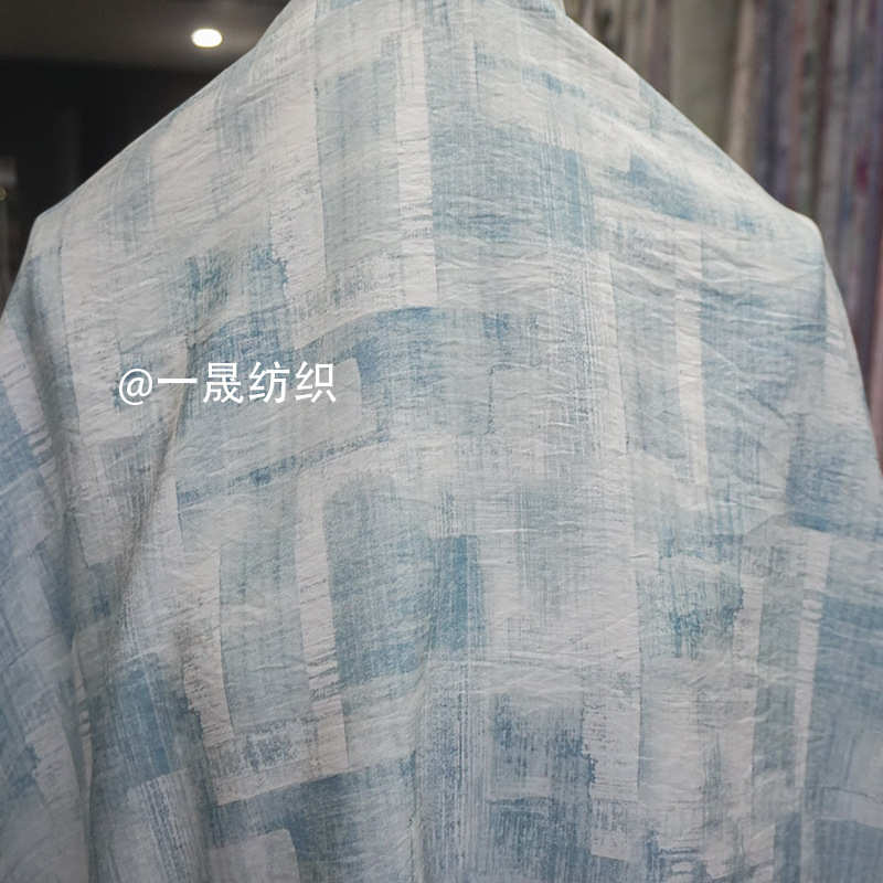 古风格子印花布料皱感子母条单丝麻仿苎麻不透垂感旗袍裙裤子面料
