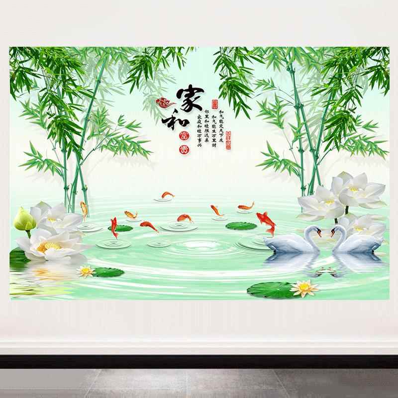 新中式玄关进门入户装饰画荷花九鱼图客厅书房背景墙壁鱼戏莲叶图图片