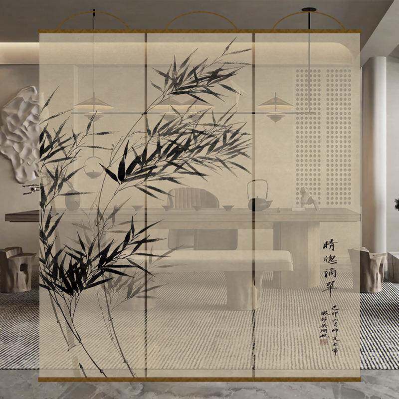 新中式水墨竹画文艺透景屏风纱卷帘隔断帘挂帘窗帘玄关透光纱帘
