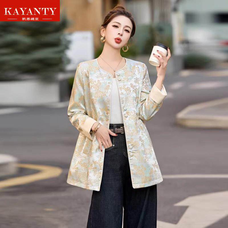 KAYANTY新中式国风外套女中长款春秋高级感复古提花时髦减龄上衣