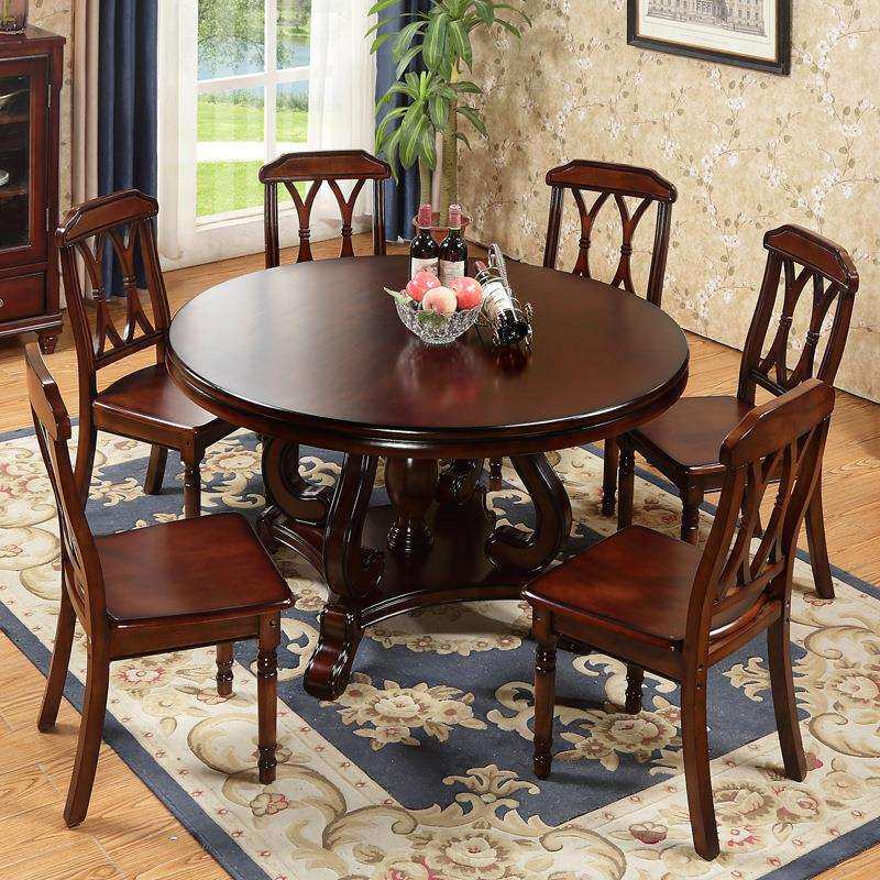 美式全实木餐桌椅组合圆餐桌欧式轻奢简约家用圆形饭桌带转盘家具