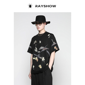 RAYSHOW·雷修｜手工绘制 国风新中式 宽松圆领落叶彩绘短袖T恤