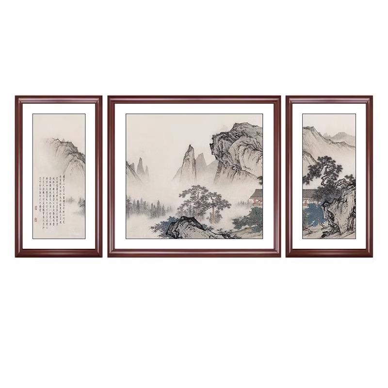 新中式客厅装饰画沙发背景墙挂画国画山水画三联画办公室书房壁画
