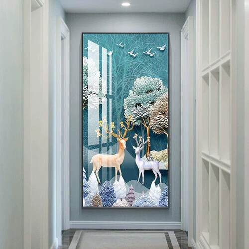 福鹿 北欧门厅入户玄关装饰画麋鹿玄幻现代简约客厅走廊过道壁画