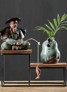 久造陶瓷中国风姜太公钓鱼摆件创意户外假山鱼缸盆景造景装饰配件