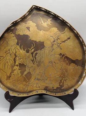 仿古做旧黄铜桃形寿星茶盘摆件 古玩杂项收藏品多子多福铜器摆饰