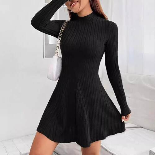 Autumn Winter Plain Knit Dress Waist Cinched A-Line Design
