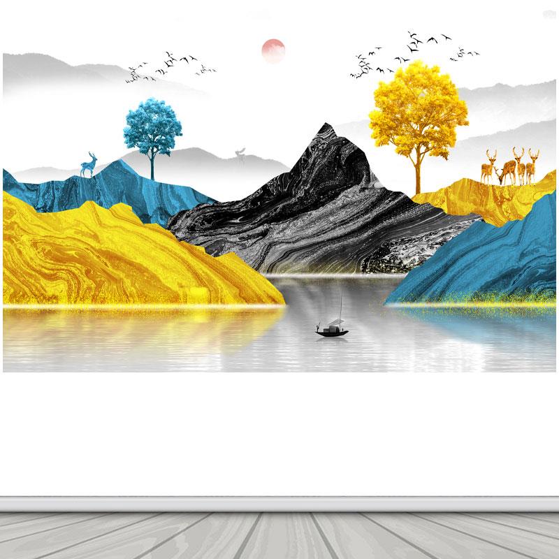 金山银山发财树图客厅沙发背景画装饰画风水招财墙贴自粘防水贴纸图片