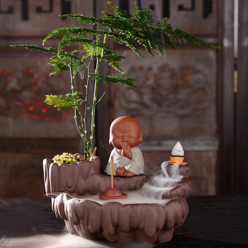 紫砂茶宠倒流香创意招财禅意小和尚茶桌茶台茶盘茶道装饰植物摆件