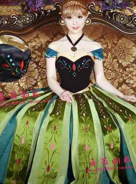 冰雪奇缘安娜公主裙翡翠绿色连衣裙万圣节cosplay迪士尼高贵礼服