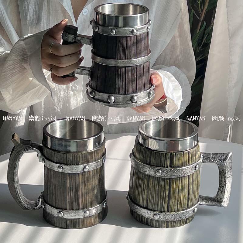外贸仿真木桶啤酒杯KTV酒吧大容量扎啤杯创意不锈钢水杯果茶杯