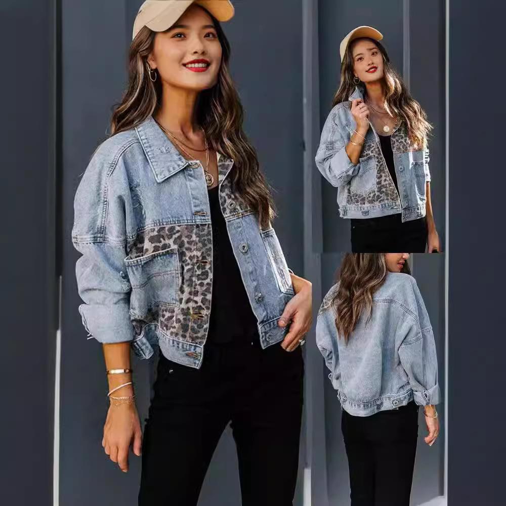 Cowboy jacket women's long sleeved single denim jacket图片