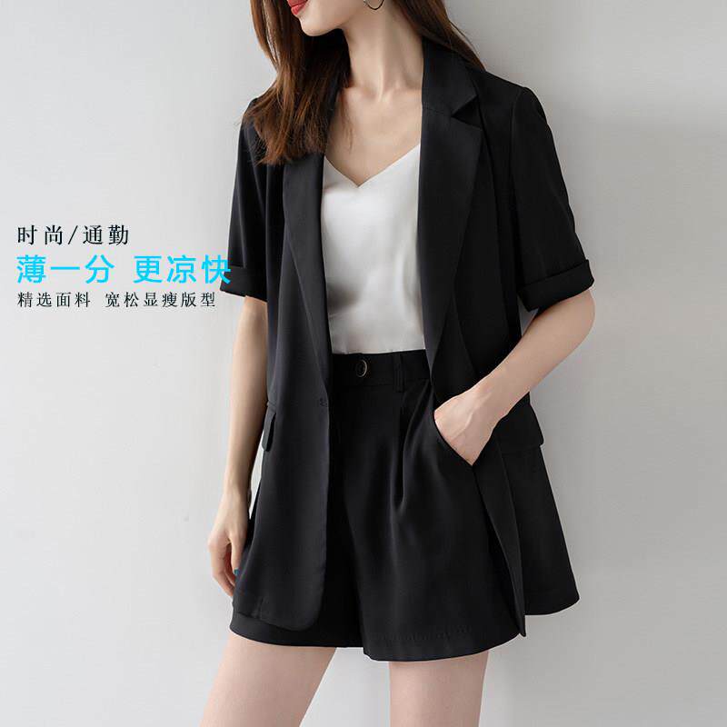 潮牌短袖西装外套女小个子夏天季薄款休闲两件套职业西服短裤套装