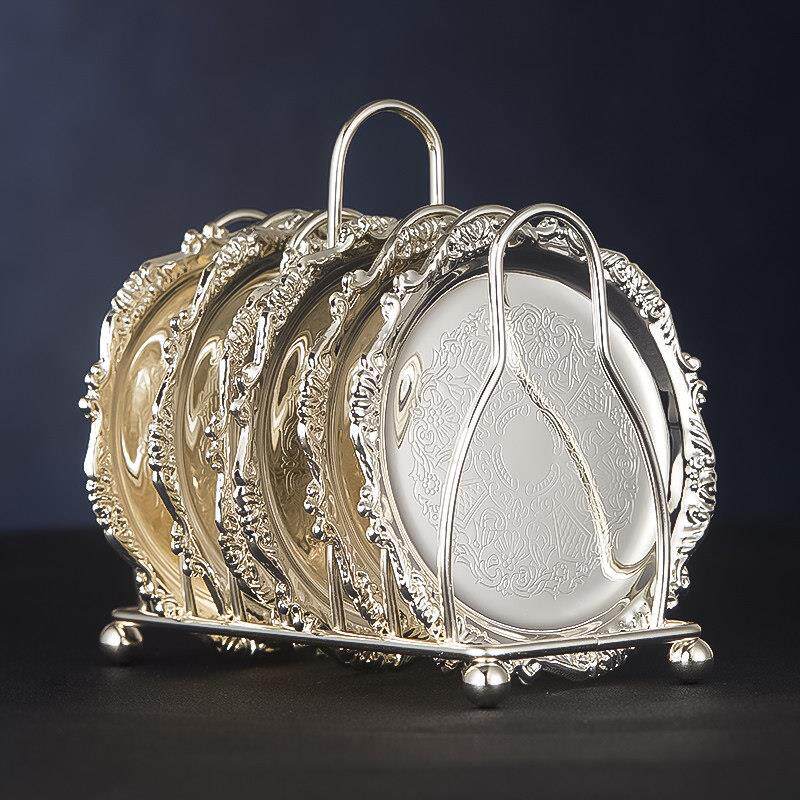 酒吧灵魂创意欧式覆古镀银镀金古典鸡尾酒金属杯垫精致花纹架套装