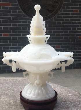 阿富汗玉石摆件 白玉镂空花熏薰香薰炉花瓶放香料玉石工艺品摆设