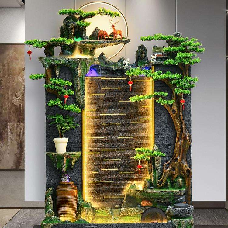 大型假山流水幕墙风水轮喷泉加湿器鱼缸屏风餐厅店铺开业落地摆件