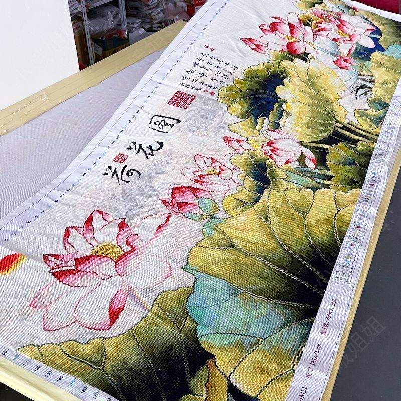 荷花图十字绣成品不带框纯手工已绣好的2025新款客厅高端荷韵花卉