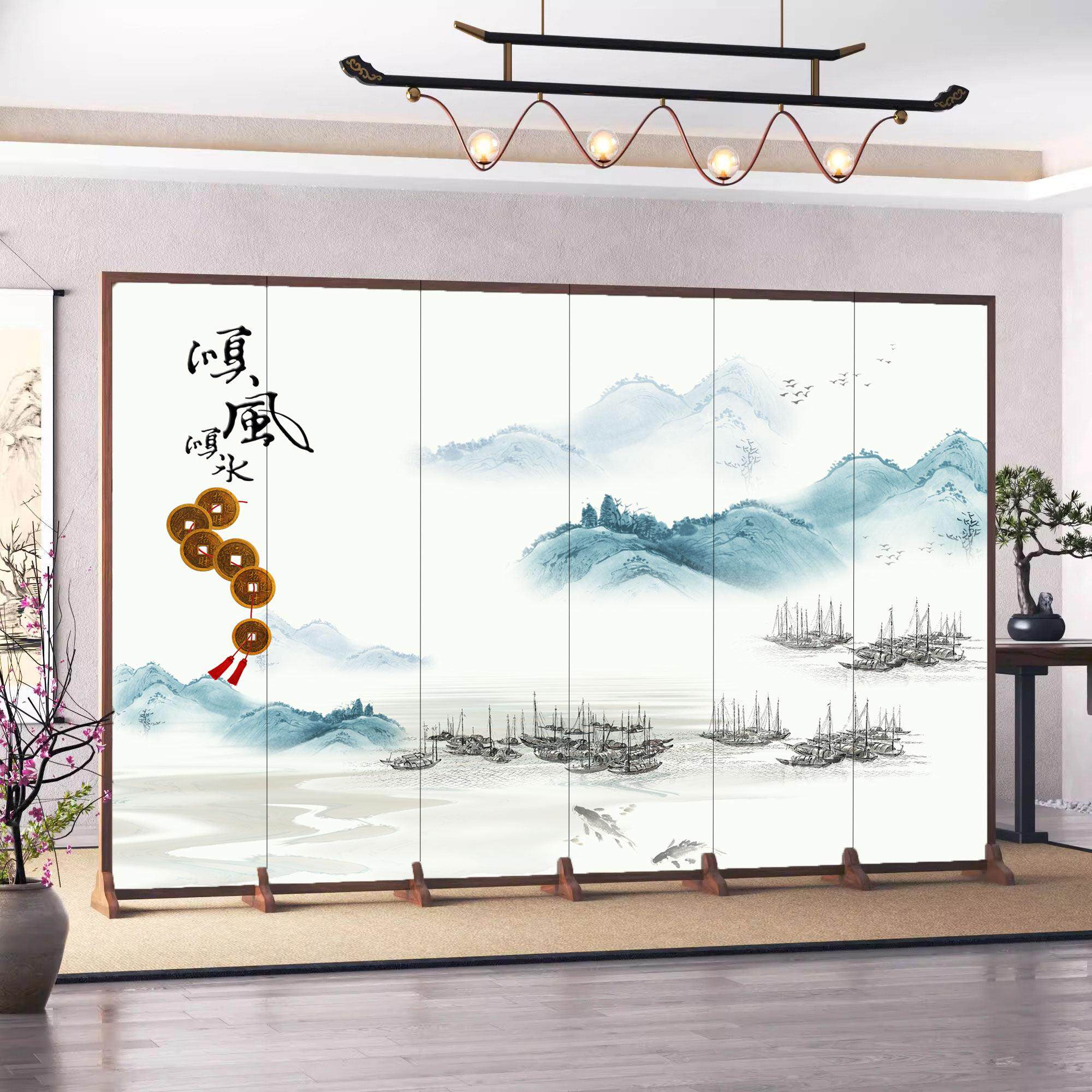 屏风隔断办公室客厅墙折叠移动简约中式山水卧室遮挡家用简易折屏
